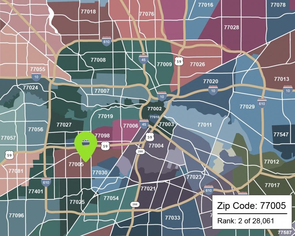 Houston kat jeyografik ak zip kòd